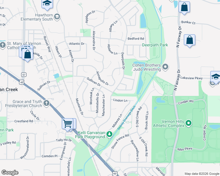map of restaurants, bars, coffee shops, grocery stores, and more near 1 Deerpath Drive in Vernon Hills