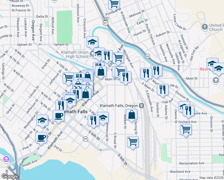 map of restaurants, bars, coffee shops, grocery stores, and more near 224 South Broad Street in Klamath Falls