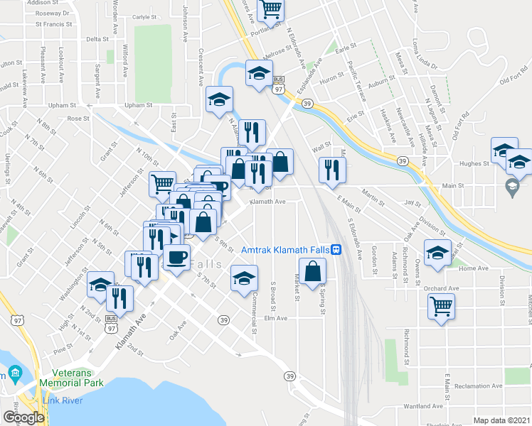 map of restaurants, bars, coffee shops, grocery stores, and more near 224 South Broad Street in Klamath Falls