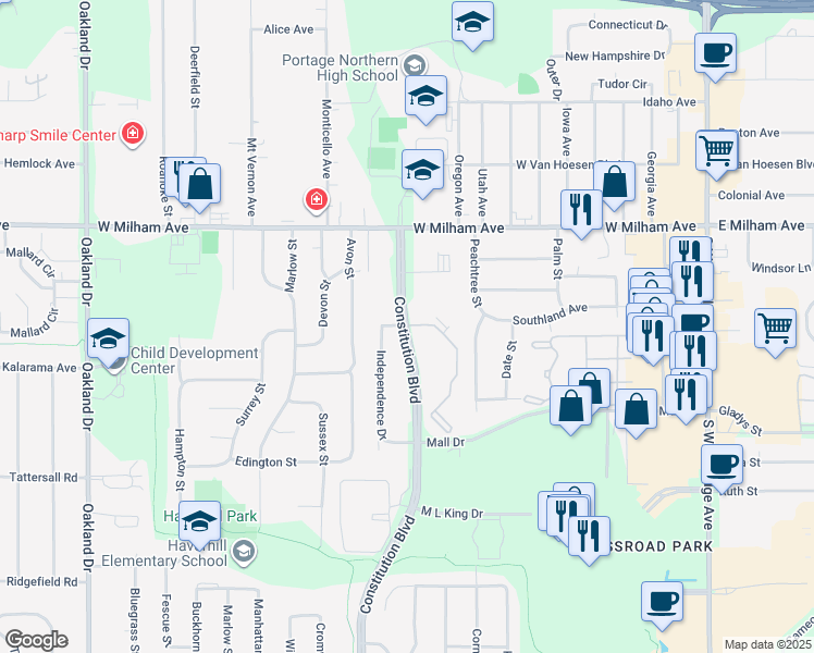 map of restaurants, bars, coffee shops, grocery stores, and more near 6343 Constitution Boulevard in Portage