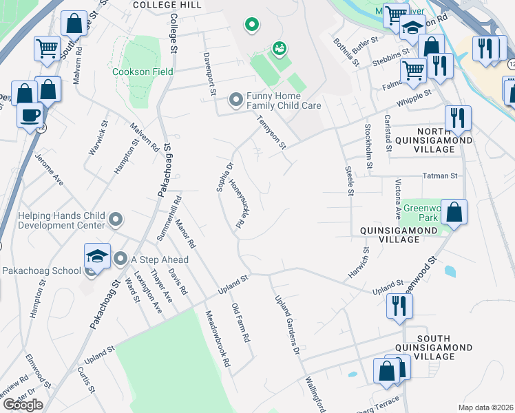 map of restaurants, bars, coffee shops, grocery stores, and more near 14 Honeysuckle Road in Worcester