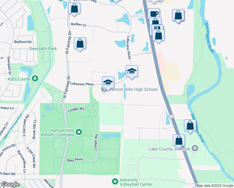 map of restaurants, bars, coffee shops, grocery stores, and more near 145 Lakeview Parkway in Vernon Hills