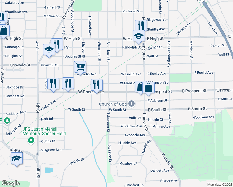 map of restaurants, bars, coffee shops, grocery stores, and more near 178 West Addison Street in Jackson