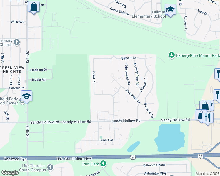 map of restaurants, bars, coffee shops, grocery stores, and more near 3205 Holiday Drive in Rockford