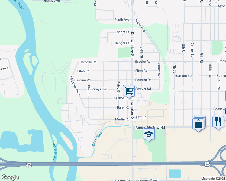 map of restaurants, bars, coffee shops, grocery stores, and more near 519 Sawyer Road in Rockford