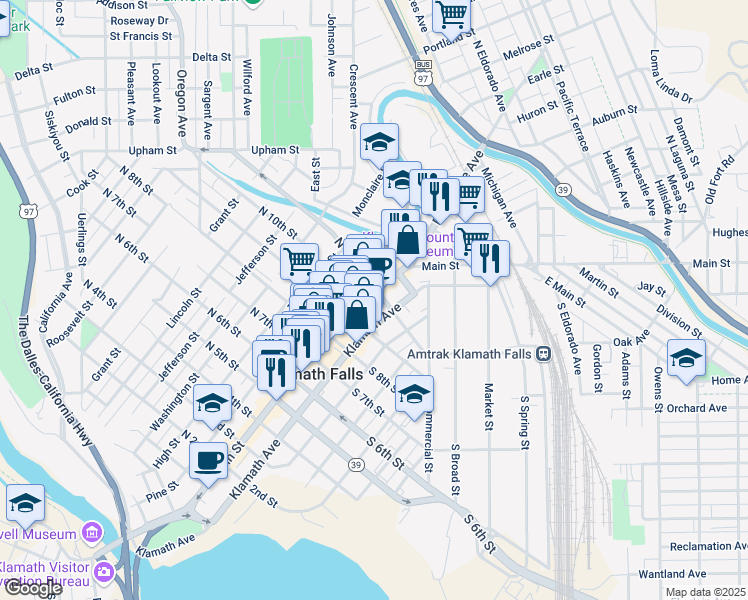 map of restaurants, bars, coffee shops, grocery stores, and more near 919 Klamath Avenue in Klamath Falls