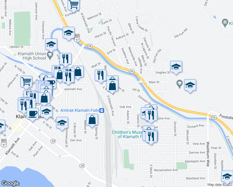 map of restaurants, bars, coffee shops, grocery stores, and more near 207 East Main Street in Klamath Falls
