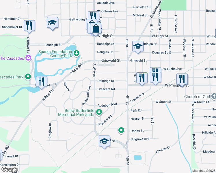 map of restaurants, bars, coffee shops, grocery stores, and more near 726 Woodfield Drive in Jackson