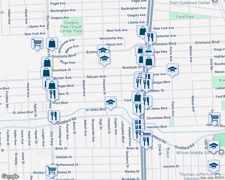 map of restaurants, bars, coffee shops, grocery stores, and more near 1560 Leblanc Street in Lincoln Park