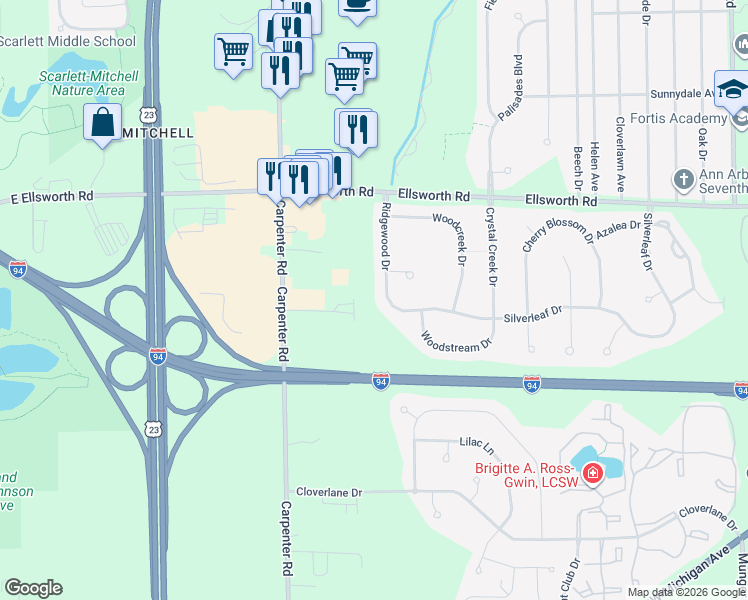 map of restaurants, bars, coffee shops, grocery stores, and more near 4278 Ridgewood Drive in Ypsilanti
