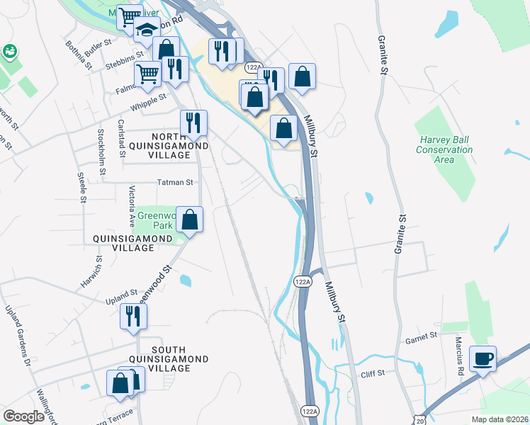 map of restaurants, bars, coffee shops, grocery stores, and more near 982-1032 Blackstone River Rd in Worcester