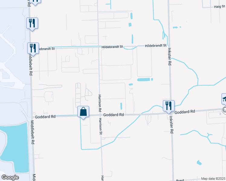 map of restaurants, bars, coffee shops, grocery stores, and more near 10725 Harrison Road in Romulus