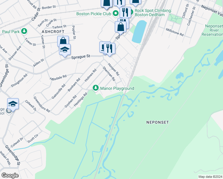 map of restaurants, bars, coffee shops, grocery stores, and more near 44 Trenton Road in Dedham