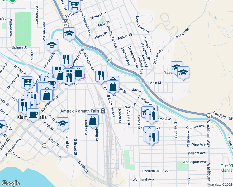 map of restaurants, bars, coffee shops, grocery stores, and more near 132 Martin Street in Klamath Falls