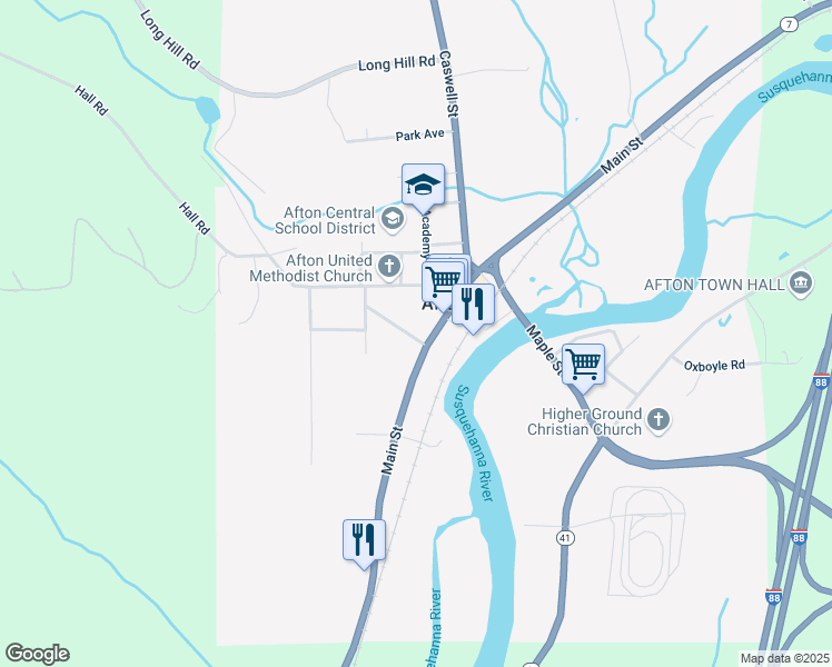 map of restaurants, bars, coffee shops, grocery stores, and more near 23 Spring St in Afton