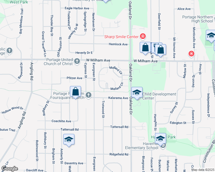 map of restaurants, bars, coffee shops, grocery stores, and more near 6101 Hummingbird Court in Portage