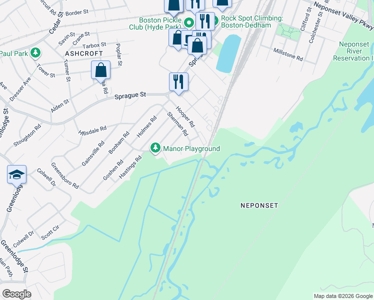 map of restaurants, bars, coffee shops, grocery stores, and more near 73 Sherman Road in Dedham