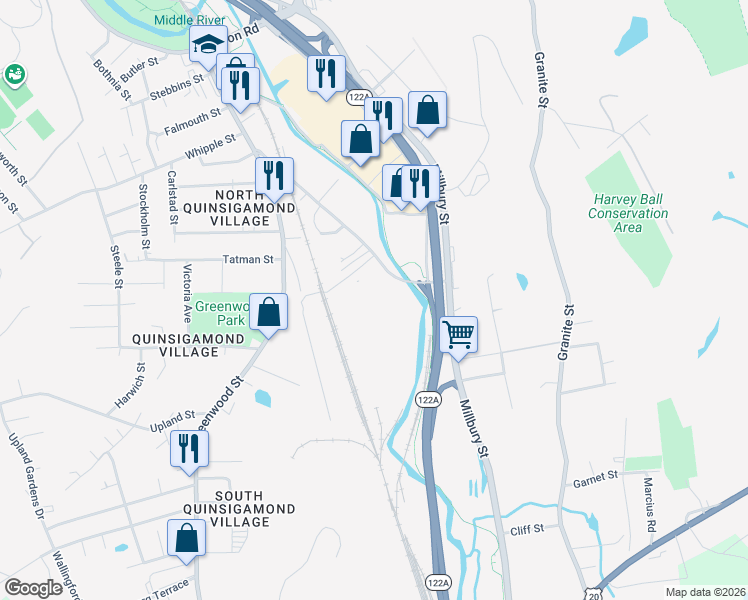 map of restaurants, bars, coffee shops, grocery stores, and more near 982-1032 Blackstone River Rd in Worcester