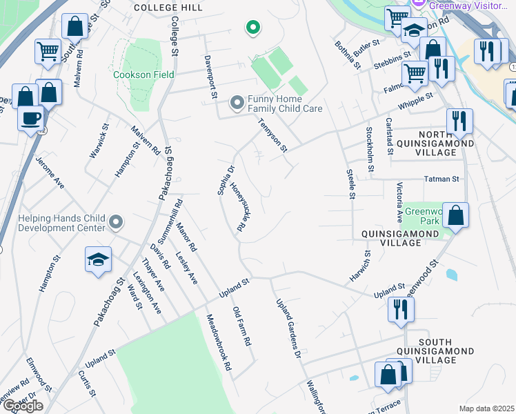 map of restaurants, bars, coffee shops, grocery stores, and more near 40 Honeysuckle Road in Worcester