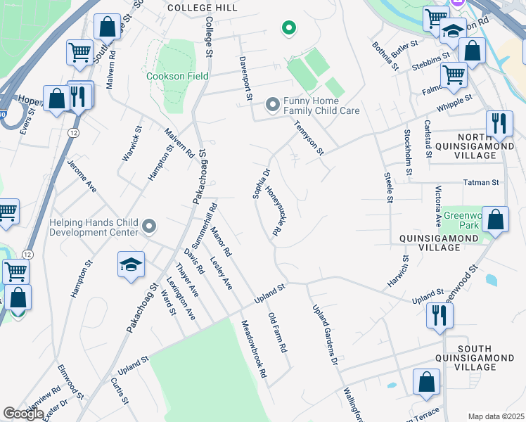 map of restaurants, bars, coffee shops, grocery stores, and more near 30 Sophia Drive in Worcester