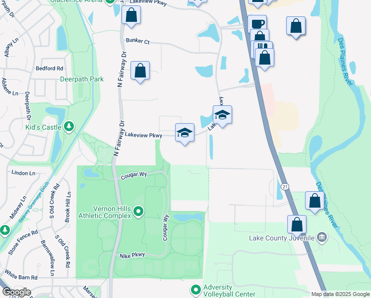 map of restaurants, bars, coffee shops, grocery stores, and more near 145 Lakeview Parkway in Vernon Hills