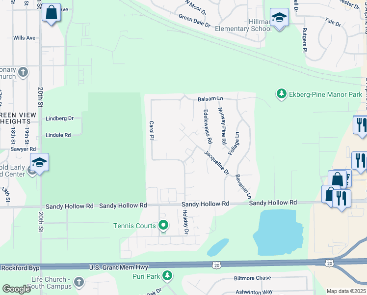 map of restaurants, bars, coffee shops, grocery stores, and more near 3024 Jacqueline Court in Rockford