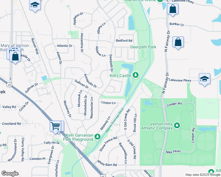 map of restaurants, bars, coffee shops, grocery stores, and more near 3 Saint Ives Lane in Vernon Hills