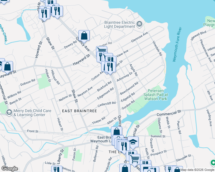 map of restaurants, bars, coffee shops, grocery stores, and more near 22 Bickford Road in Braintree
