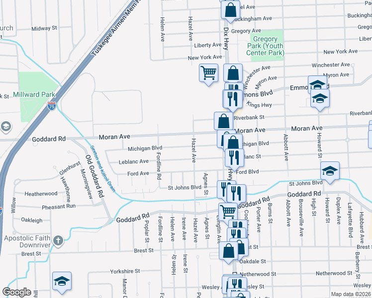 map of restaurants, bars, coffee shops, grocery stores, and more near 2081 Michigan Boulevard in Lincoln Park