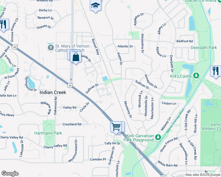map of restaurants, bars, coffee shops, grocery stores, and more near 300 Sullivan Drive in Vernon Hills