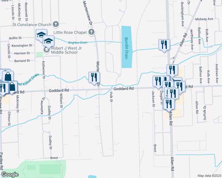 map of restaurants, bars, coffee shops, grocery stores, and more near Goddard Rd & Polk St in Taylor
