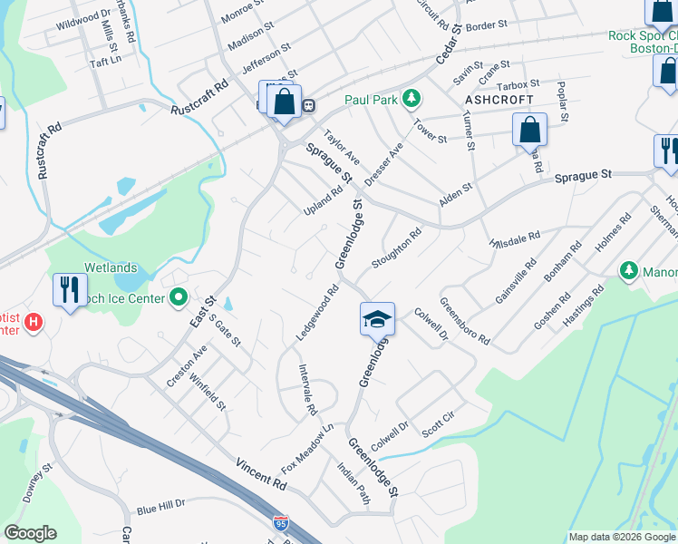 map of restaurants, bars, coffee shops, grocery stores, and more near 75 Greenlodge Street in Dedham