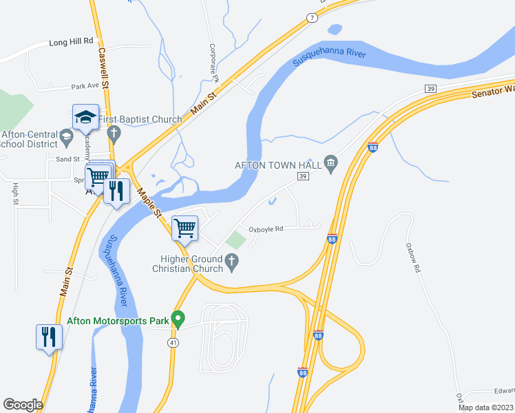 map of restaurants, bars, coffee shops, grocery stores, and more near 121-133 E Main St in Afton