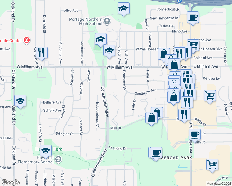 map of restaurants, bars, coffee shops, grocery stores, and more near 6195 Village Green Circle in Portage