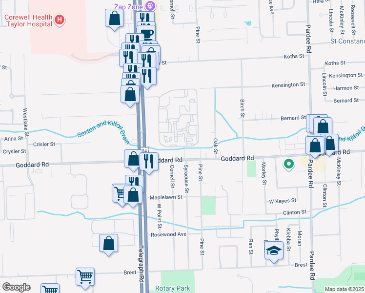 map of restaurants, bars, coffee shops, grocery stores, and more near 10952 Pine Street in Taylor