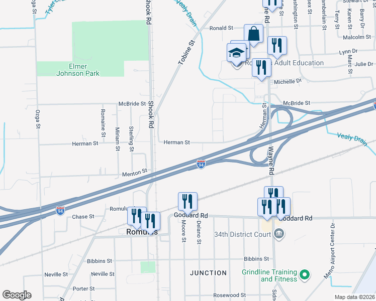 map of restaurants, bars, coffee shops, grocery stores, and more near 35896 Herman Street in Romulus