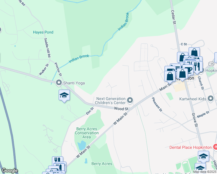 map of restaurants, bars, coffee shops, grocery stores, and more near 21 Oliver Lane in Hopkinton