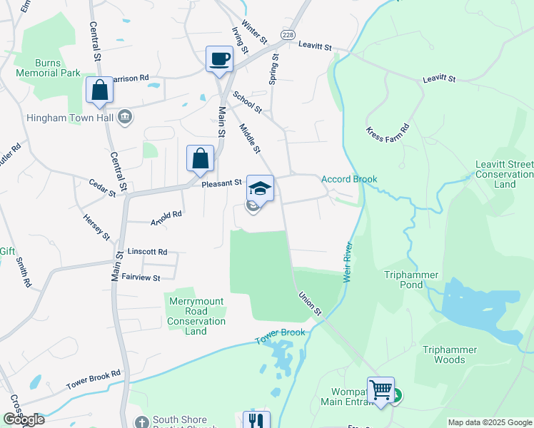 map of restaurants, bars, coffee shops, grocery stores, and more near 17 Union Street in Hingham