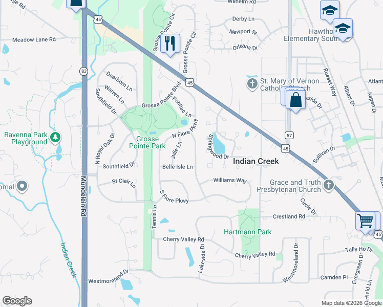 map of restaurants, bars, coffee shops, grocery stores, and more near 98 Sterling Heights Road in Vernon Hills
