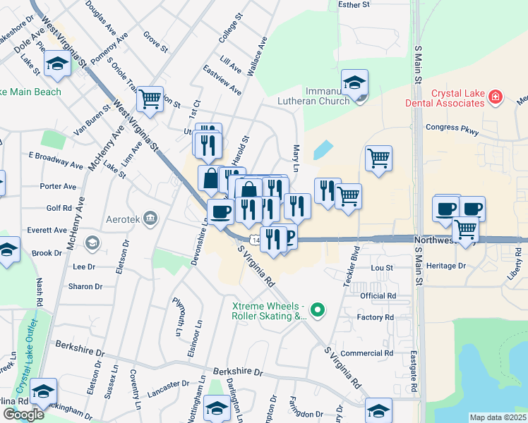 map of restaurants, bars, coffee shops, grocery stores, and more near 140 Jackman Drive in Crystal Lake