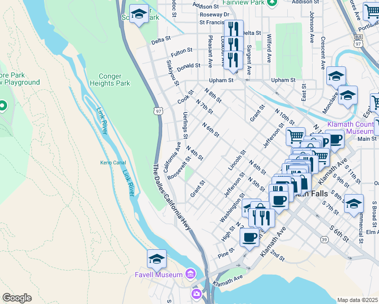 map of restaurants, bars, coffee shops, grocery stores, and more near 908 North 4th Street in Klamath Falls