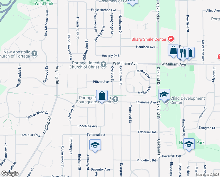 map of restaurants, bars, coffee shops, grocery stores, and more near 2719 Pfitzer Avenue in Portage