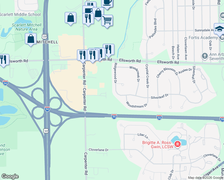 map of restaurants, bars, coffee shops, grocery stores, and more near 4204 Ridgewood Drive in Ypsilanti