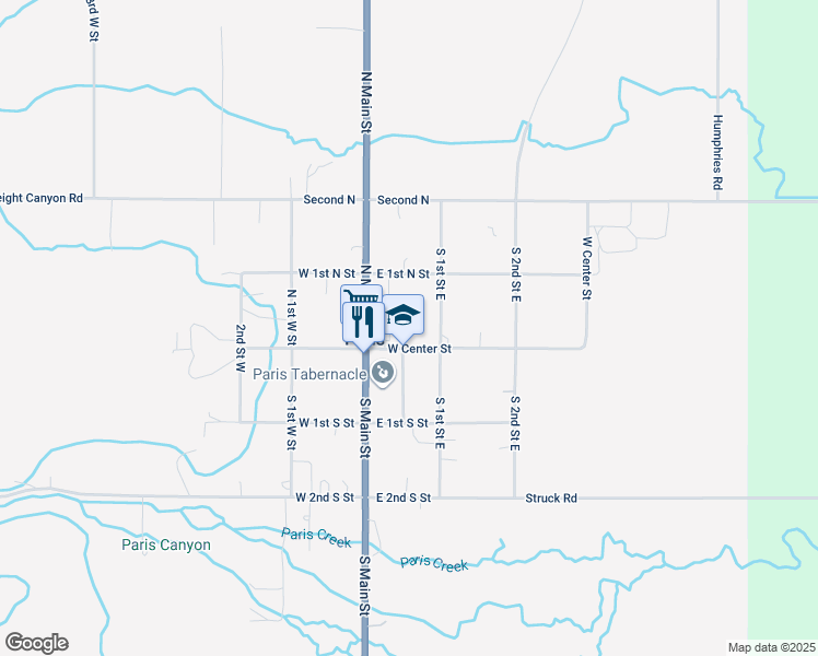 map of restaurants, bars, coffee shops, grocery stores, and more near 55 East Center Street in Paris
