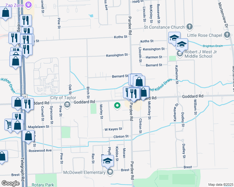 map of restaurants, bars, coffee shops, grocery stores, and more near 22676 Goddard Road in Taylor