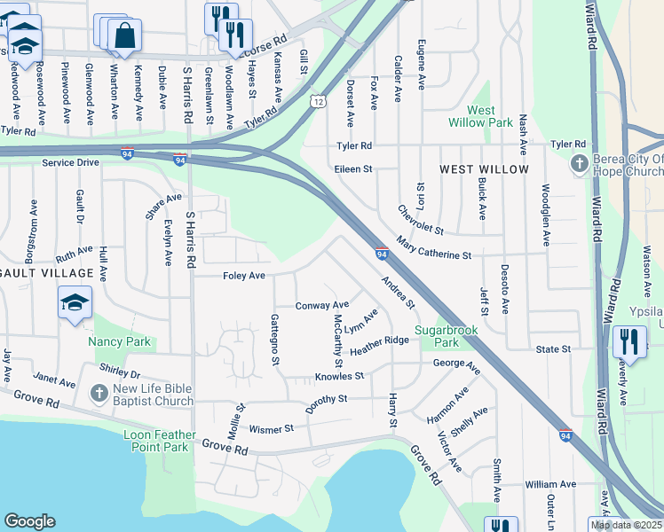 map of restaurants, bars, coffee shops, grocery stores, and more near 1704 Foley Avenue in Ypsilanti