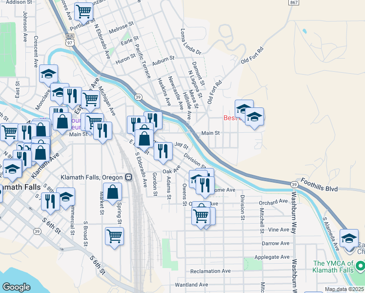 map of restaurants, bars, coffee shops, grocery stores, and more near 135 Jay Street in Klamath Falls
