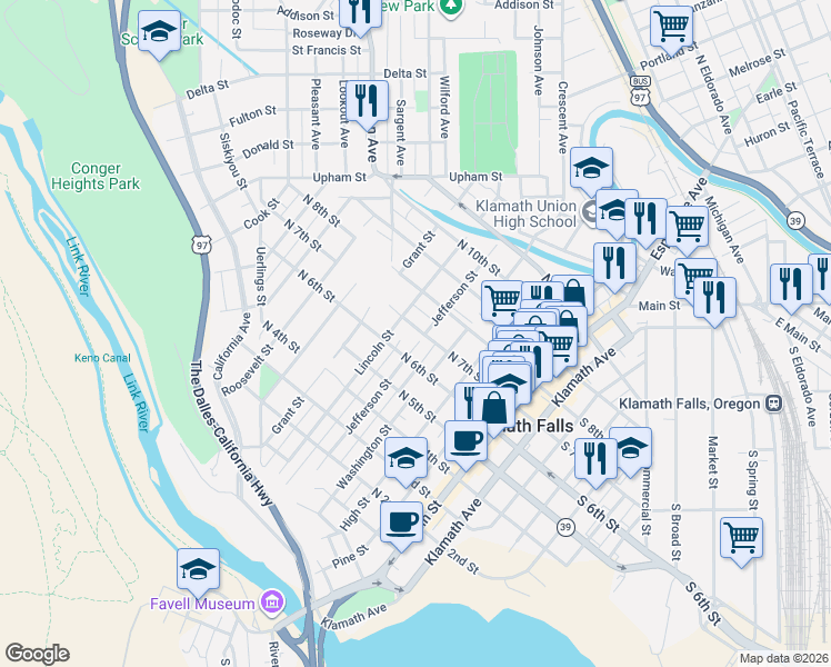 map of restaurants, bars, coffee shops, grocery stores, and more near 506 North 8th Street in Klamath Falls