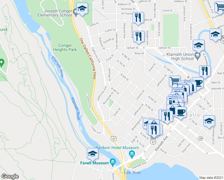 map of restaurants, bars, coffee shops, grocery stores, and more near 905 North 4th Street in Klamath Falls