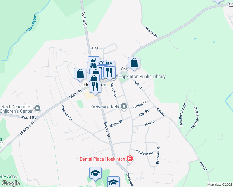 map of restaurants, bars, coffee shops, grocery stores, and more near 12 Hayden Rowe Street in Hopkinton